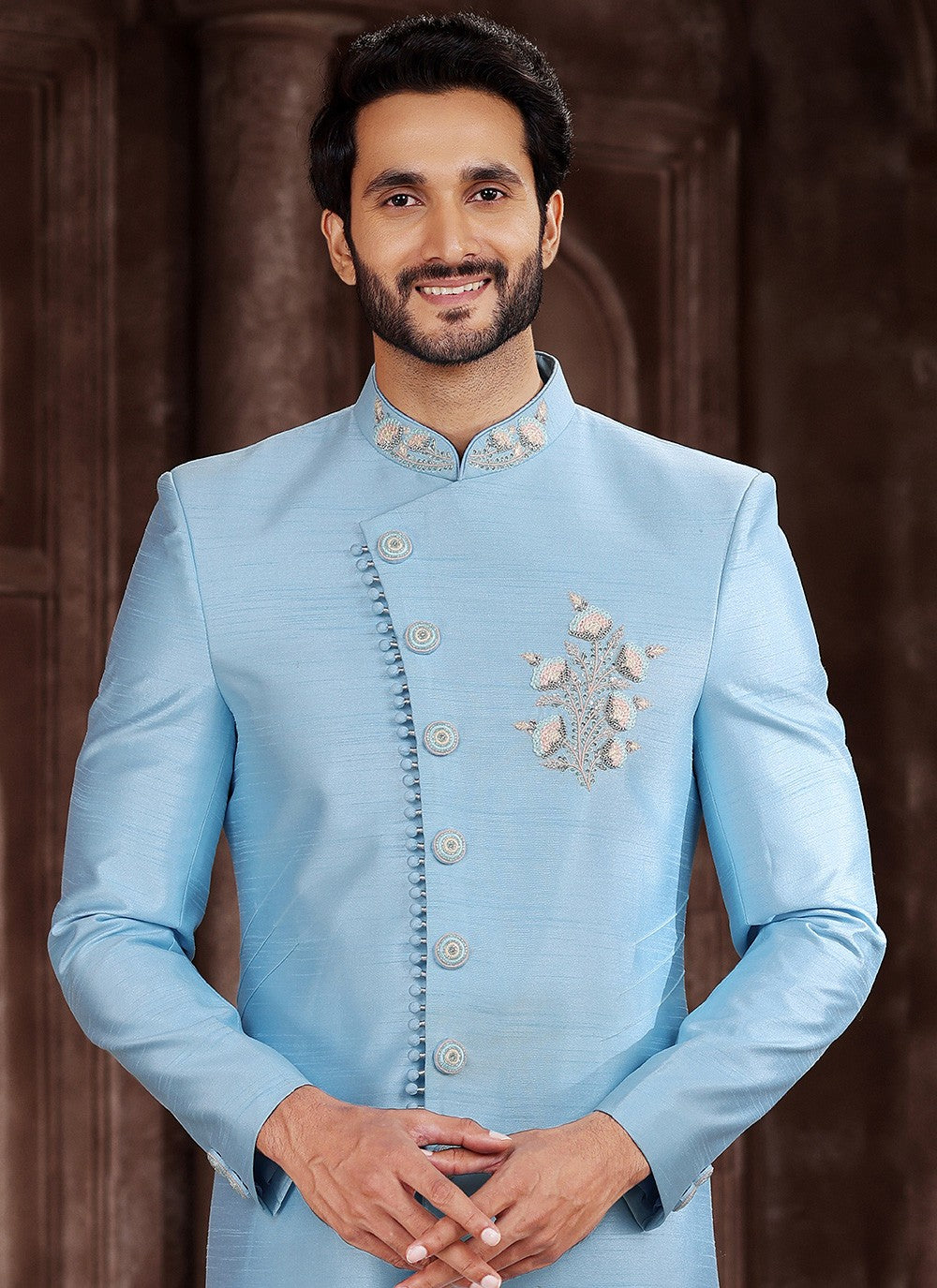 Embroidered Art Silk Aqua Blue Indo Western Sherwani - M5375