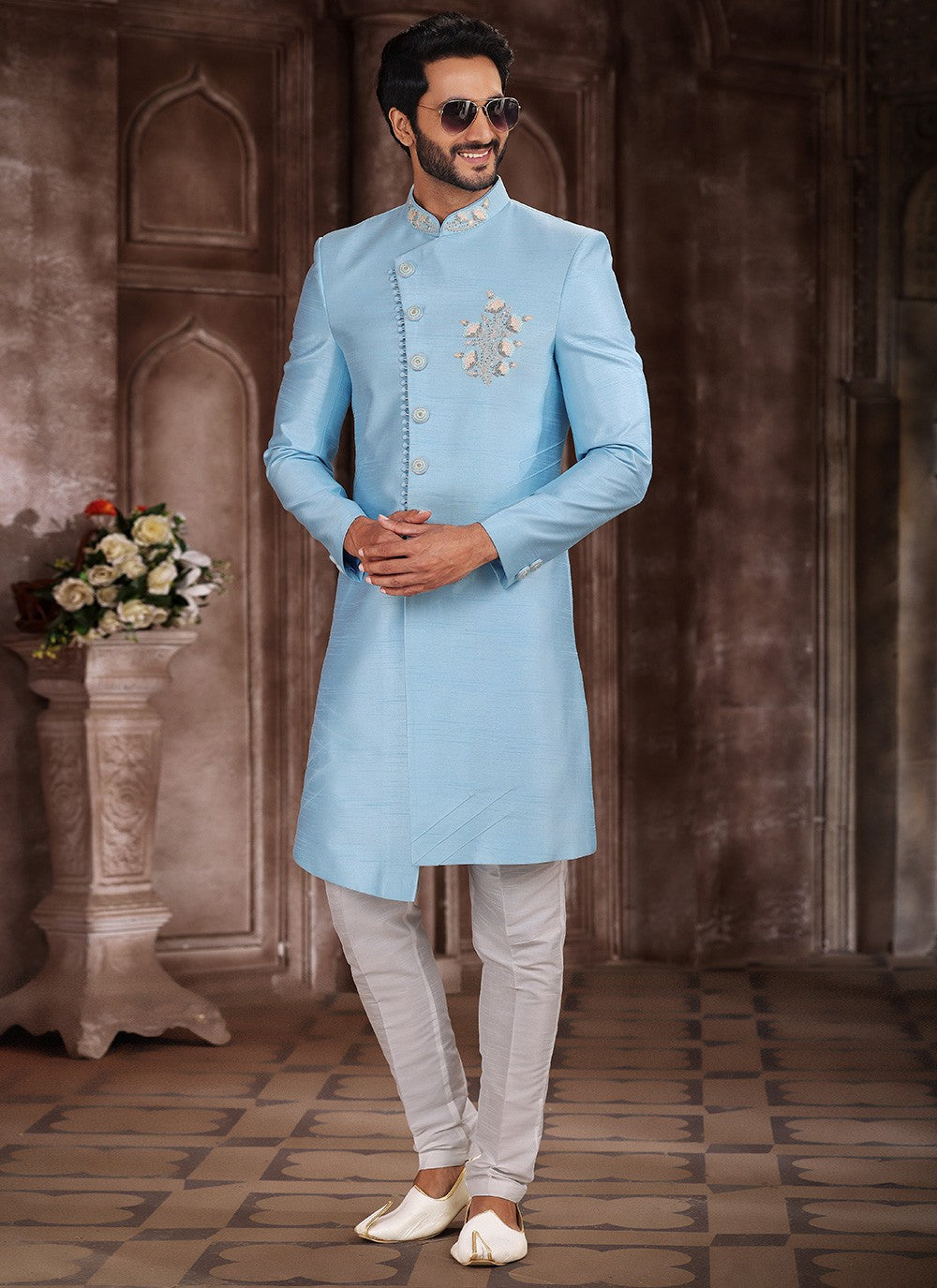 Embroidered Art Silk Aqua Blue Indo Western Sherwani - M5375