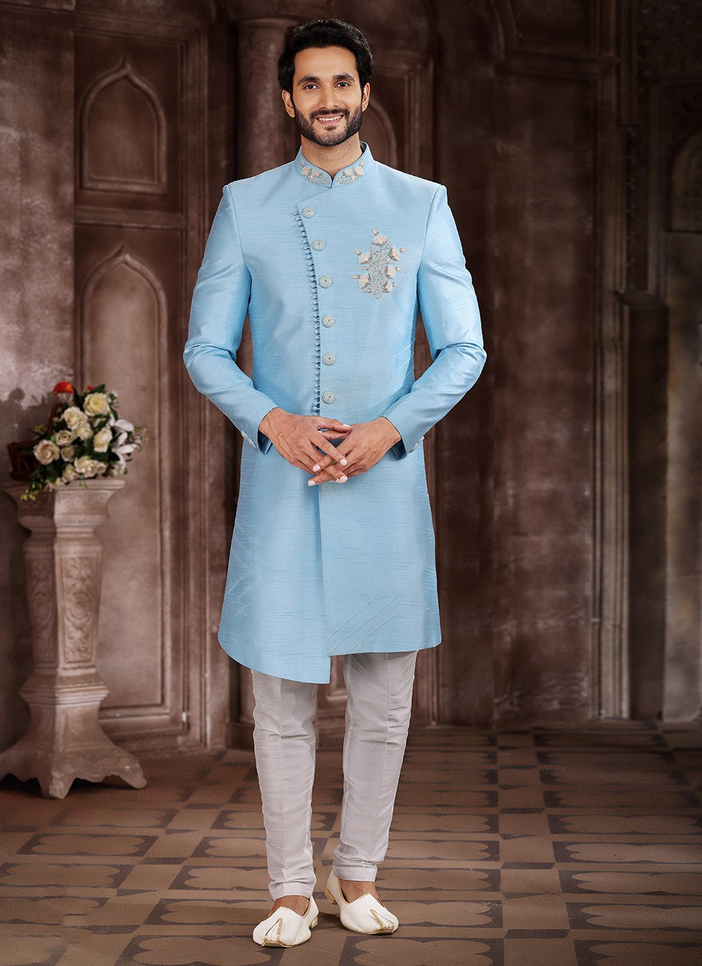 Embroidered Art Silk Aqua Blue Indo Western Sherwani - M5375