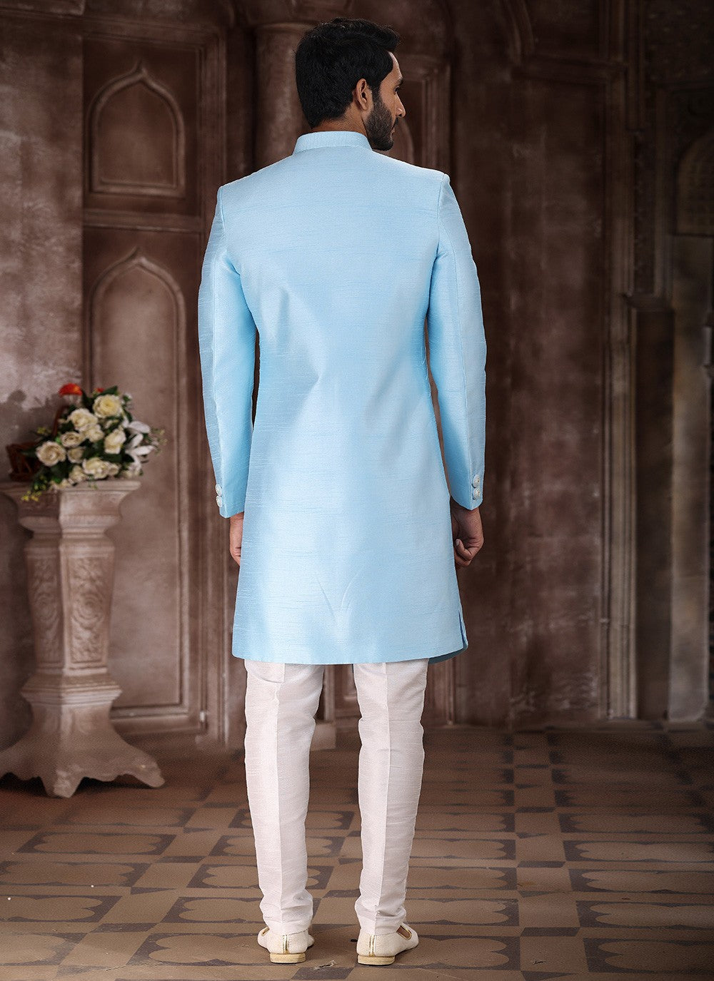 Embroidered Art Silk Aqua Blue Indo Western Sherwani - M5375