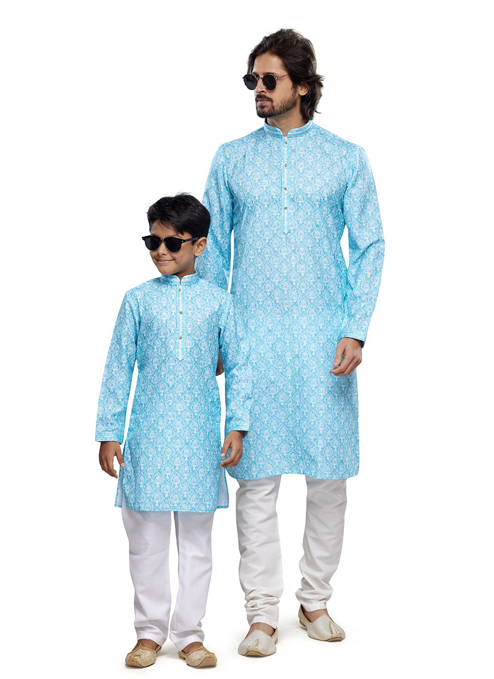 Digital Print Cotton Aqua Blue Men's & Kids Combo - M6815