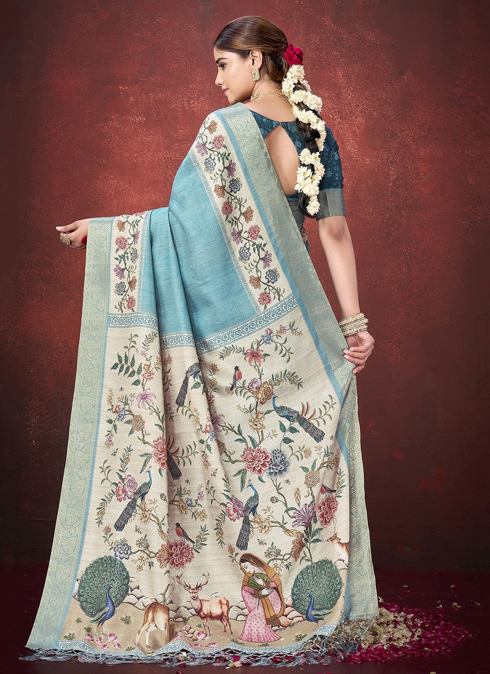 Aqua Blue Silk Trendy Saree Printed, Zari S19632