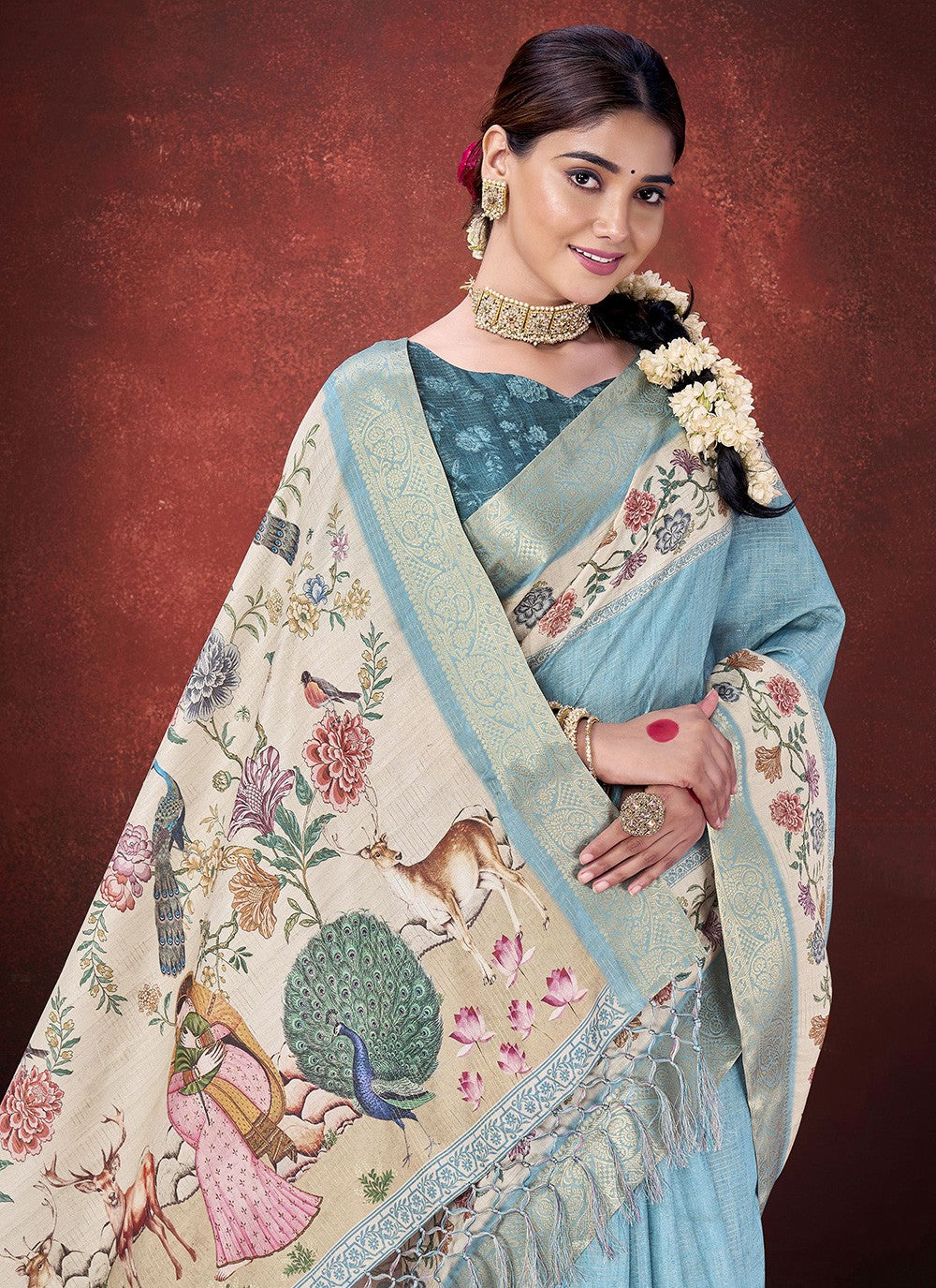 Aqua Blue Silk Trendy Saree Printed, Zari S19632