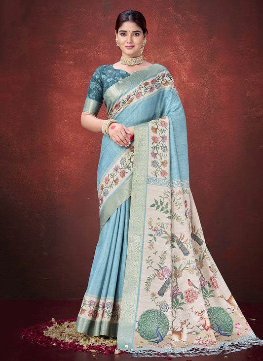 Aqua Blue Silk Trendy Saree Printed, Zari S19632