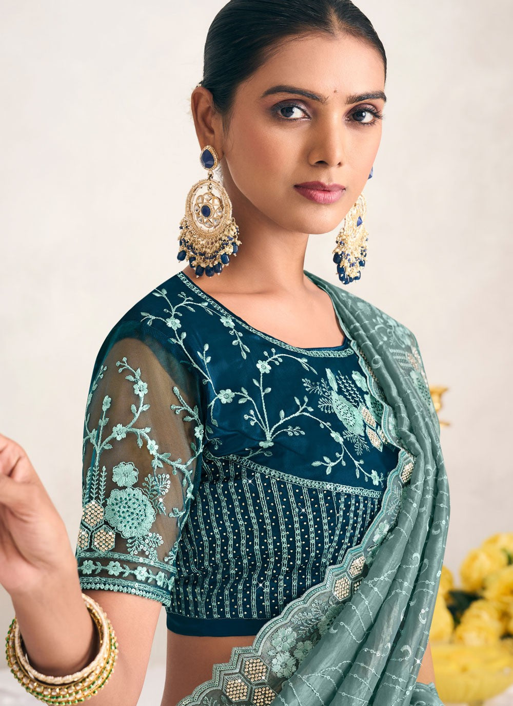 Contemporary Cut Work Aqua Blue Silk Saree S12751
