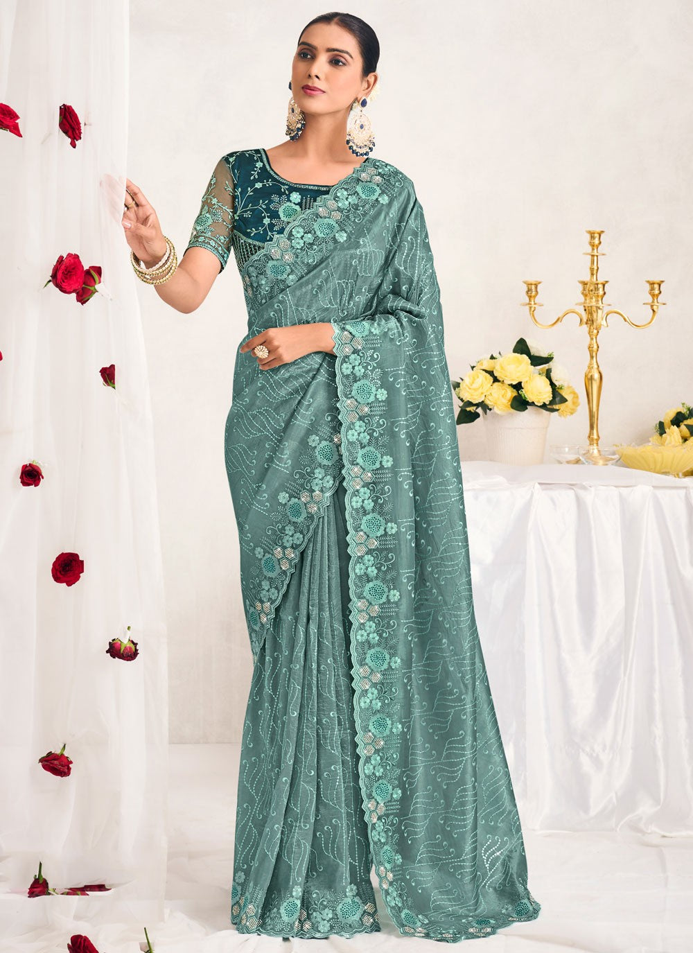 Contemporary Cut Work Aqua Blue Silk S12751