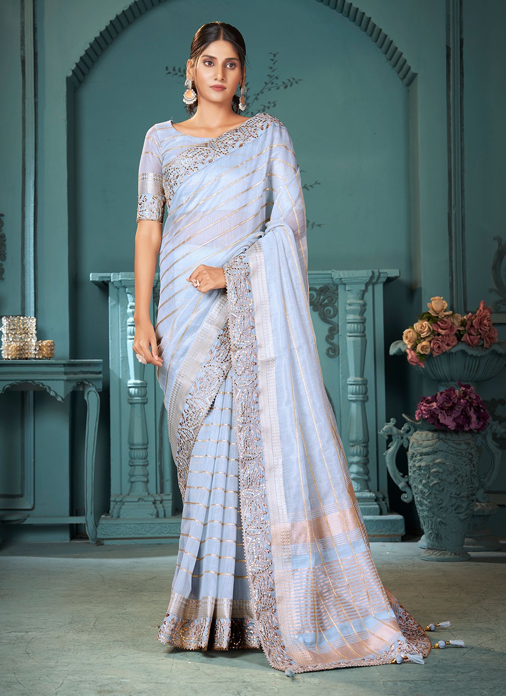 Classic Sequins Cotton , Linen Saree - S6818