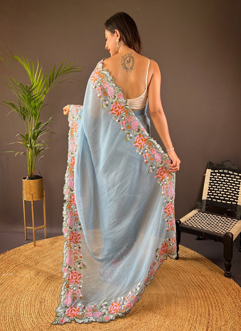 Cut Work, Embroidered Silk Saree - S11759