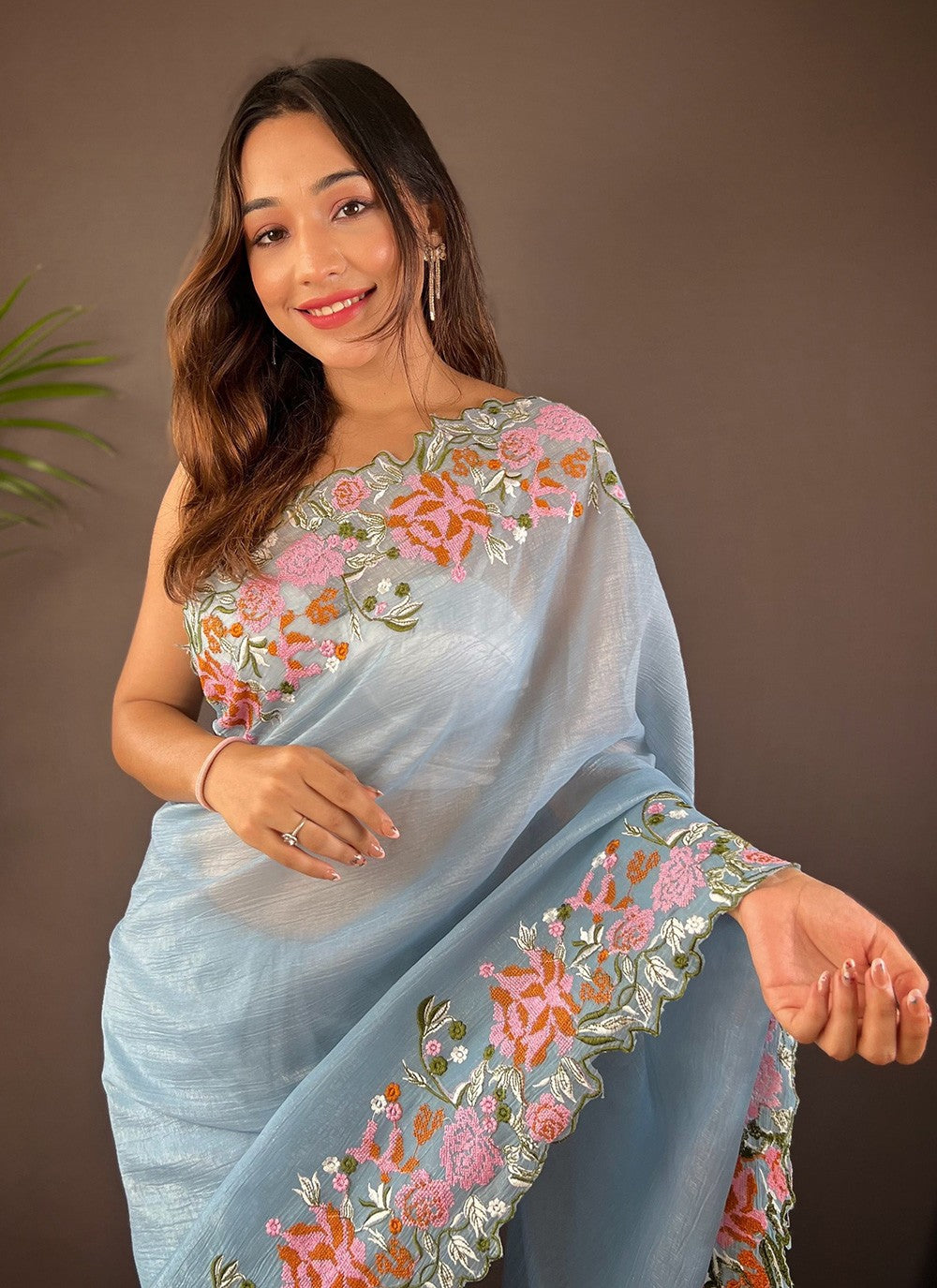 Cut Work, Embroidered Silk Saree - S11759
