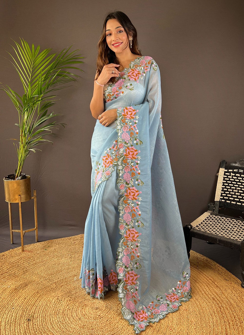 Cut Work, Embroidered Silk Saree - S11759