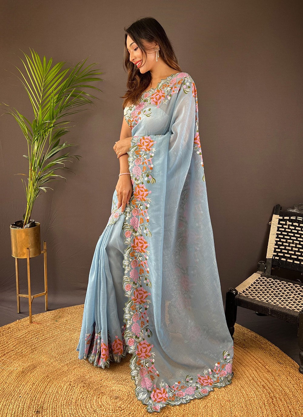 Cut Work, Embroidered Silk Saree - S11759