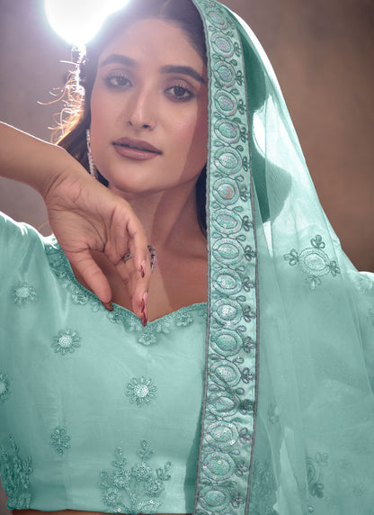 Embroidered Net Aqua Blue Lehenga - L3265