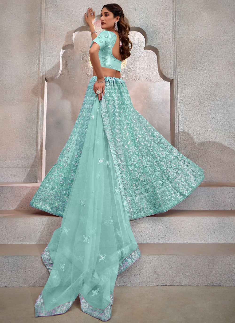 Embroidered Net Aqua Blue Lehenga - L3265