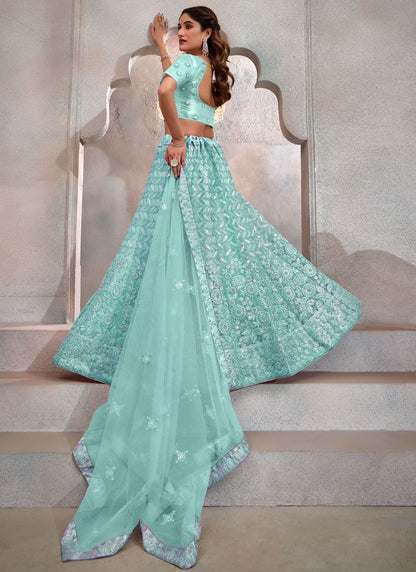 Embroidered Net Aqua Blue Lehenga - L3265