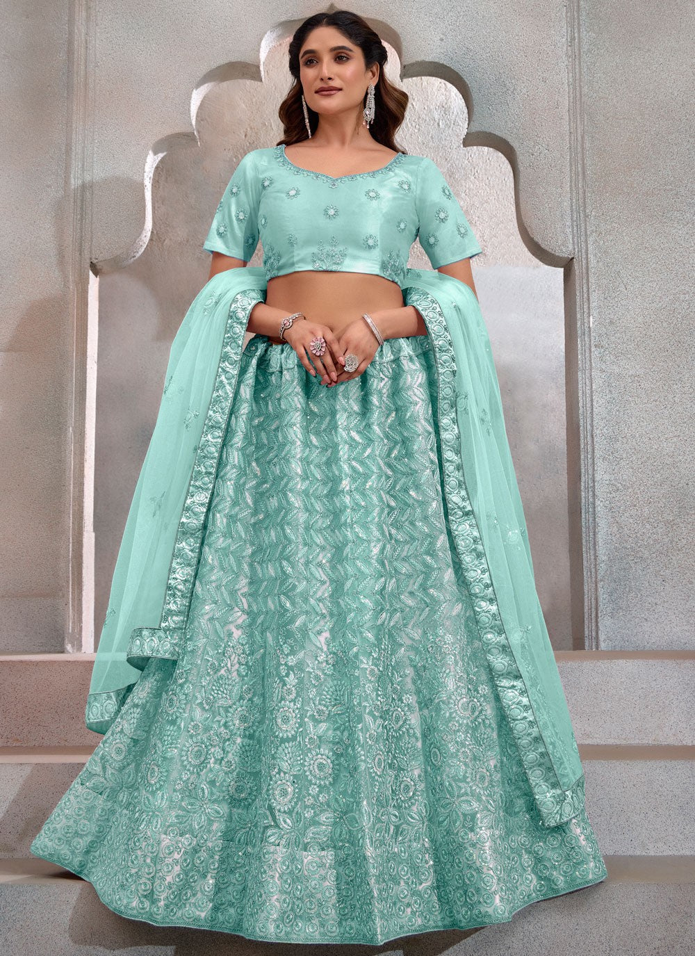 Embroidered Net Aqua Blue Lehenga - L3265