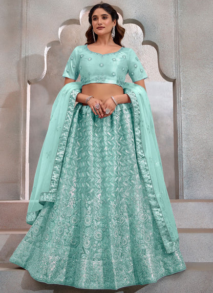 Embroidered Net Aqua Blue Lehenga - L3265