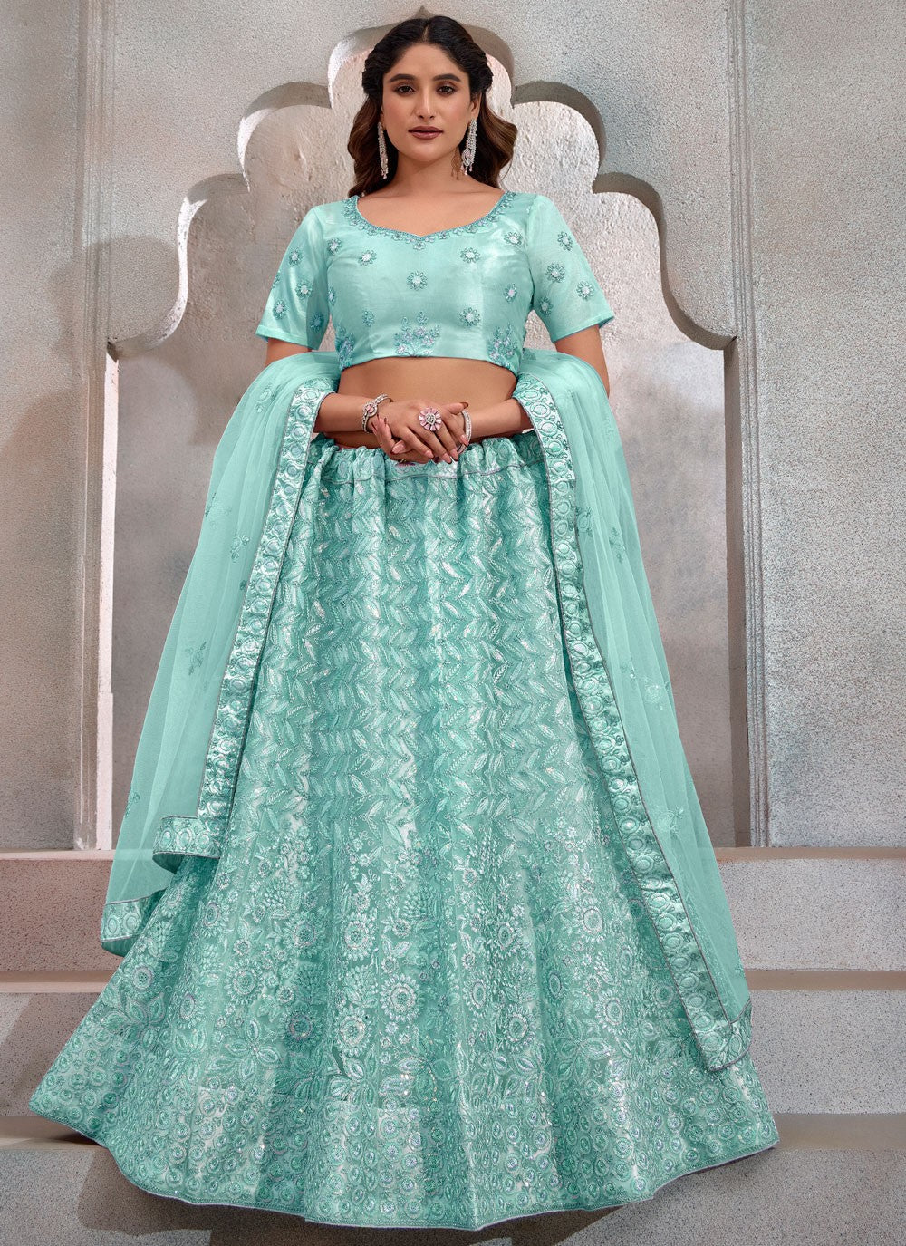 Embroidered Net Aqua Blue Lehenga - L3265