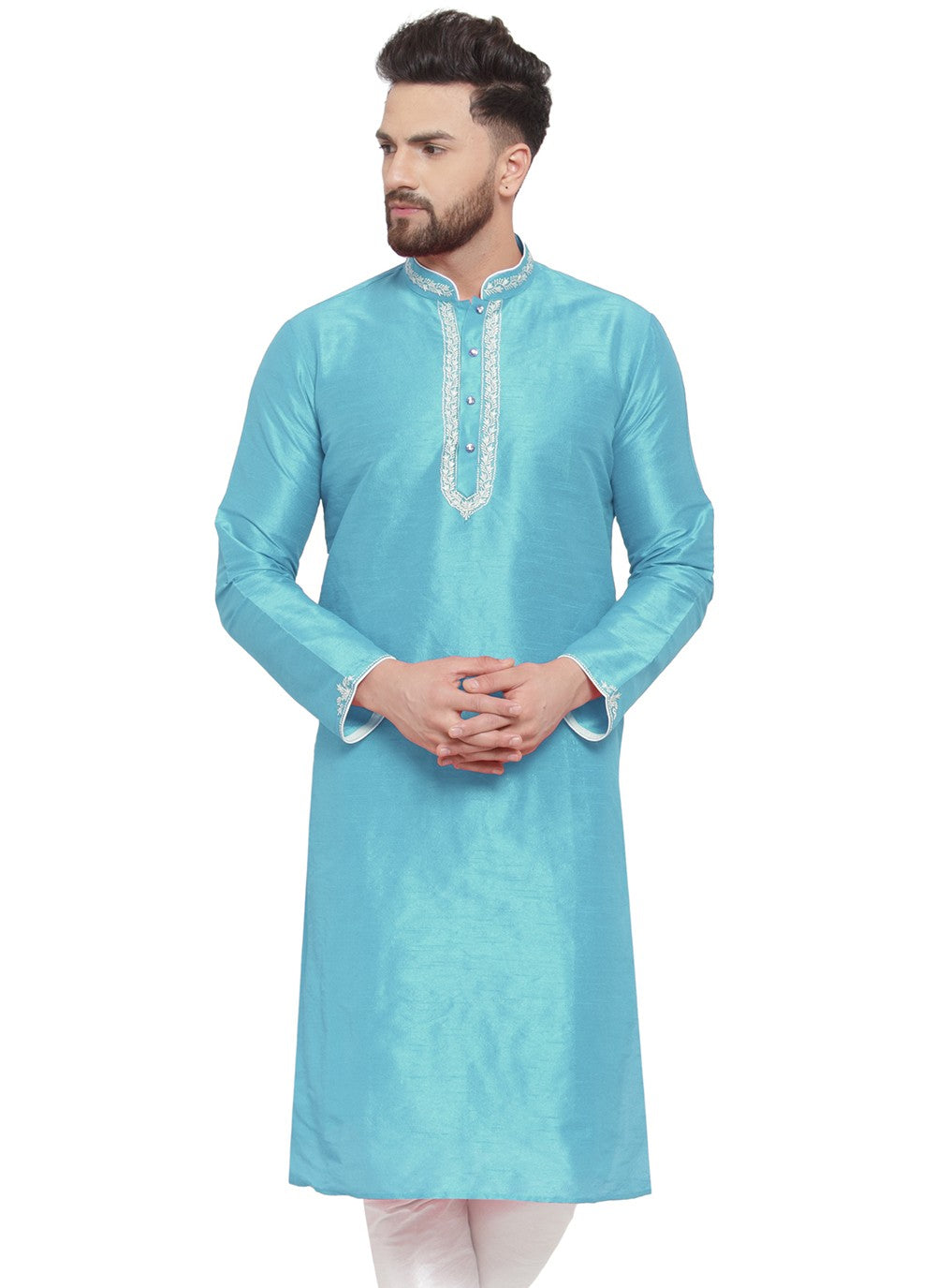 Embroidered Dupion Silk Aqua Blue Kurta - M7329