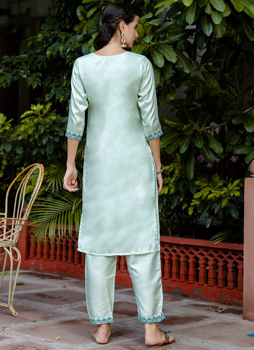 Pant Style Suit Embroidered Aqua Blue T7138