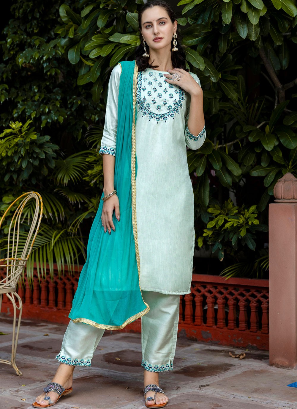 Pant Style Suit Embroidered Aqua Blue T7138