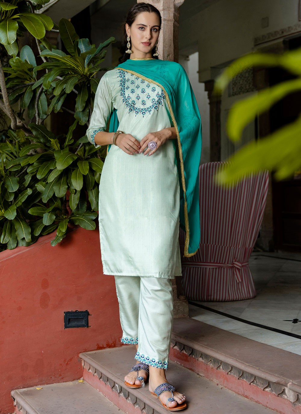 Pant Style Suit Embroidered Aqua Blue T7138