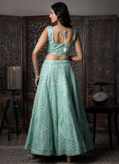 Embroidered Net Aqua Blue Lehenga Choli L3716