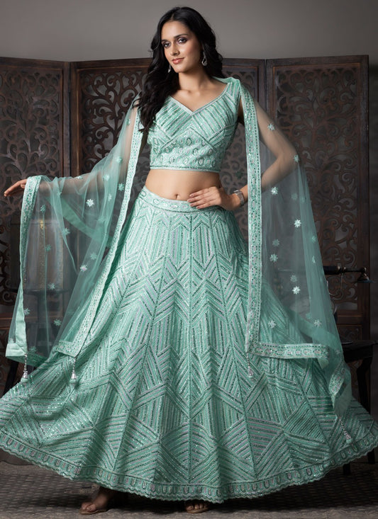 Embroidered Net Aqua Blue Lehenga Choli L3716