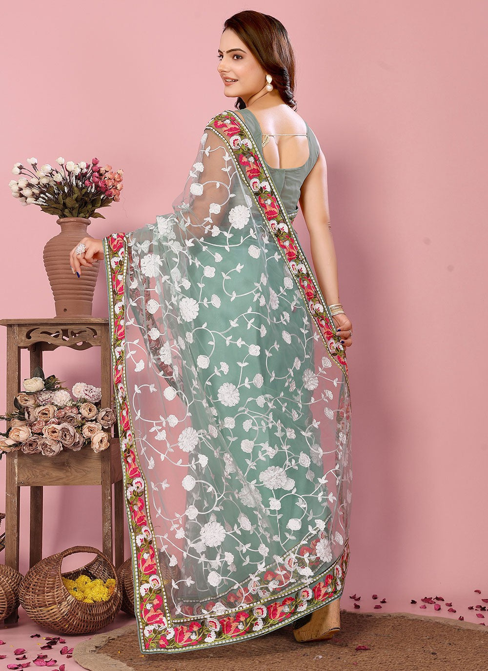 Classic Embroidered Net Saree - S6732