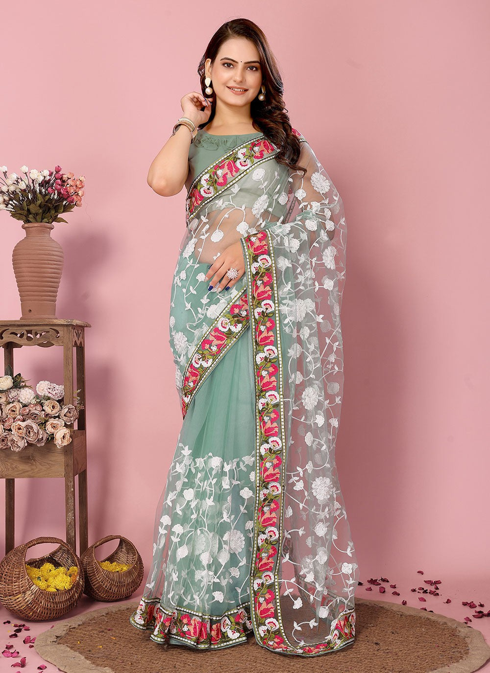 Classic Embroidered Net Saree - S6732