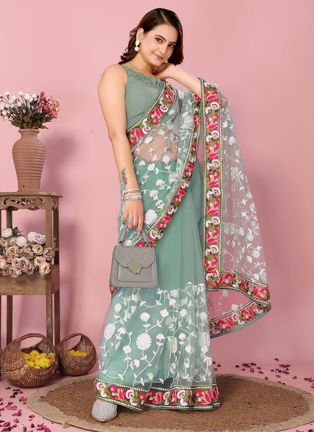 Classic Embroidered Net Saree - S6732