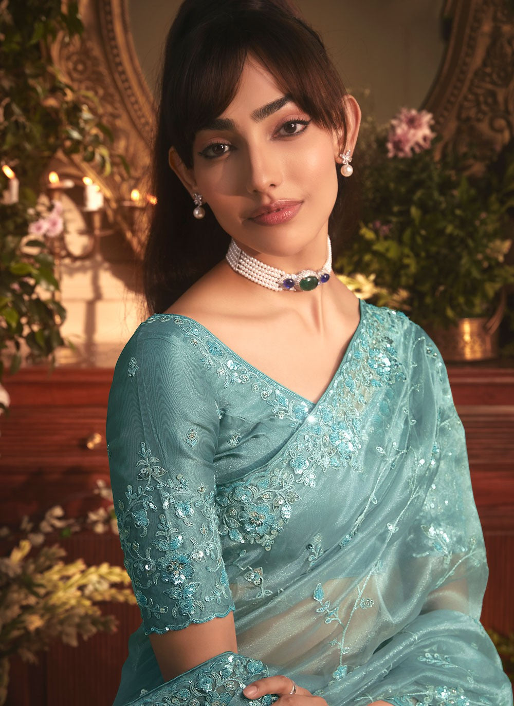 Aqua Blue Organza Designer Saree Border Work, Cut Work, Embroidered, Sequins, Zari S19410