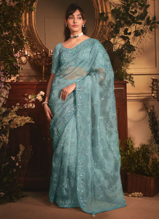 Aqua Blue Organza Designer Saree Border Work, Cut Work, Embroidered, Sequins, Zari S19410