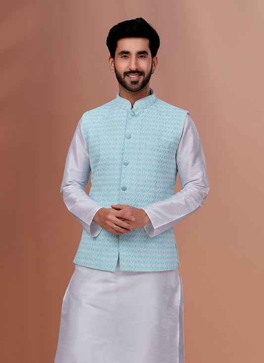 Embroidered Georgette Aqua Blue Nehru Jackets - M7379