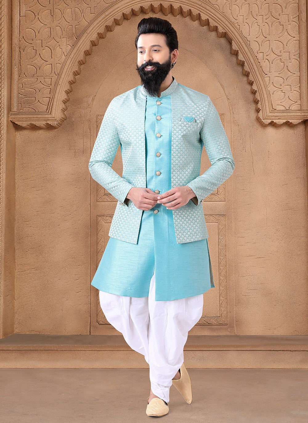 Embroidered Silk Aqua Blue Sherwani - M7640