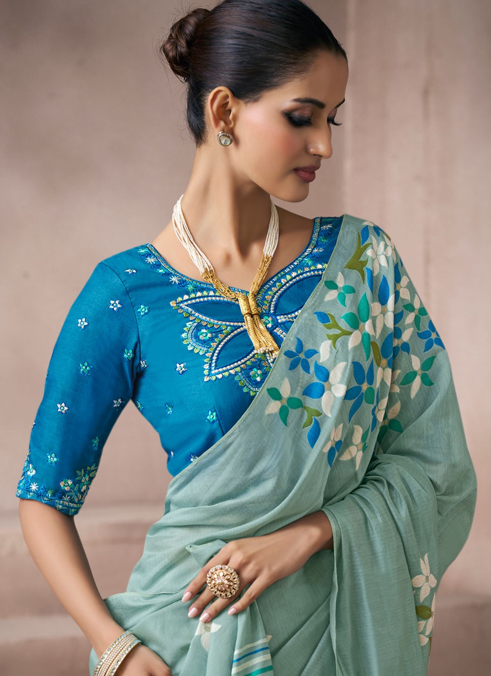 Aqua Blue Cotton Trendy Saree Fancy Work S19862