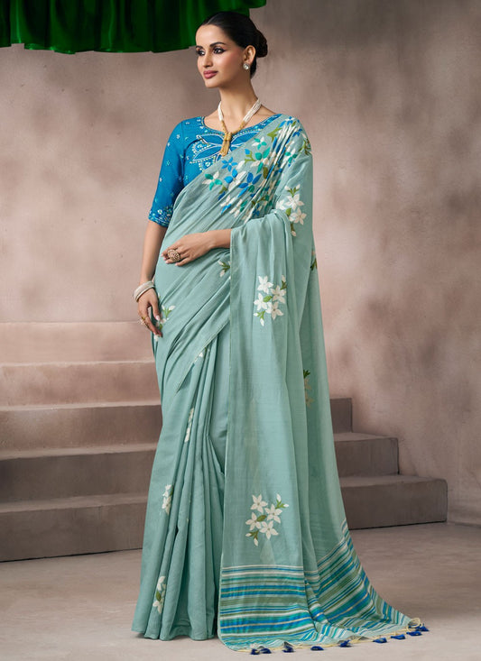 Aqua Blue Cotton Trendy Saree Fancy Work S19862