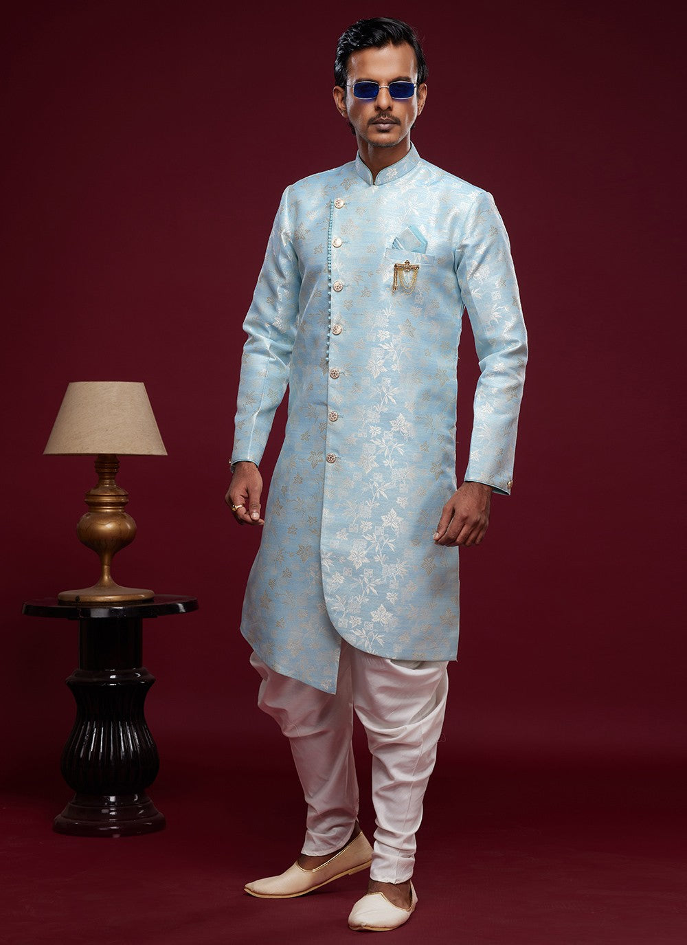 Fancy Work Banarasi Jacquard Aqua Blue Indo Western Sherwani - M5784