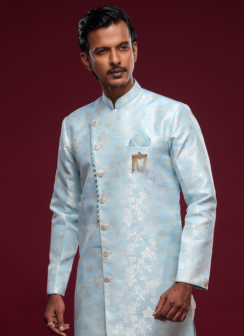 Fancy Work Banarasi Jacquard Aqua Blue Indo Western Sherwani - M5784