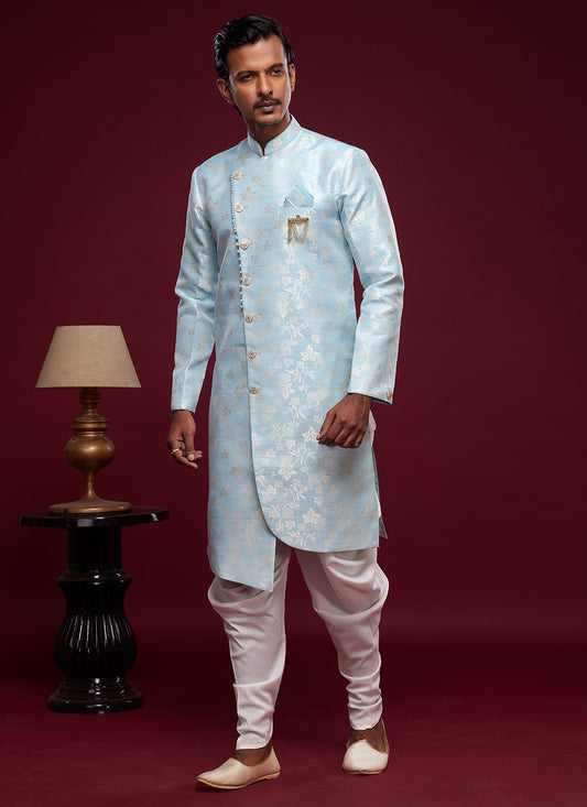 Fancy Work Banarasi Jacquard Aqua Blue Indo Western Sherwani - M5784