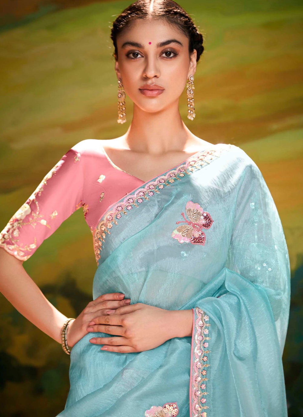 Embroidered Fancy Fabric Aqua Blue Trendy Saree S15251