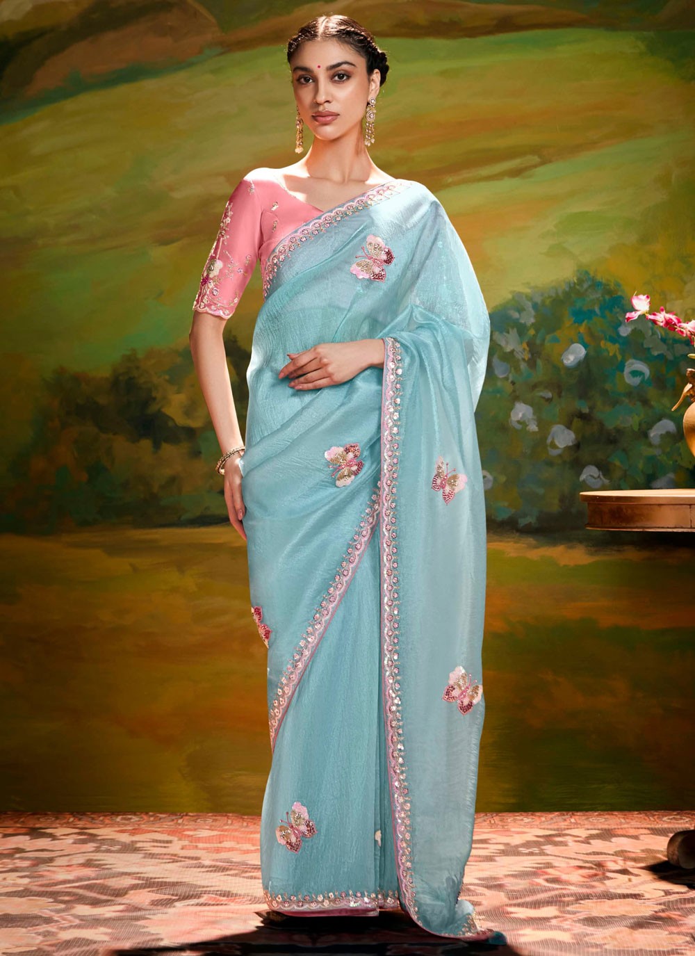 Embroidered Fancy Fabric Aqua Blue Trendy Saree S15251