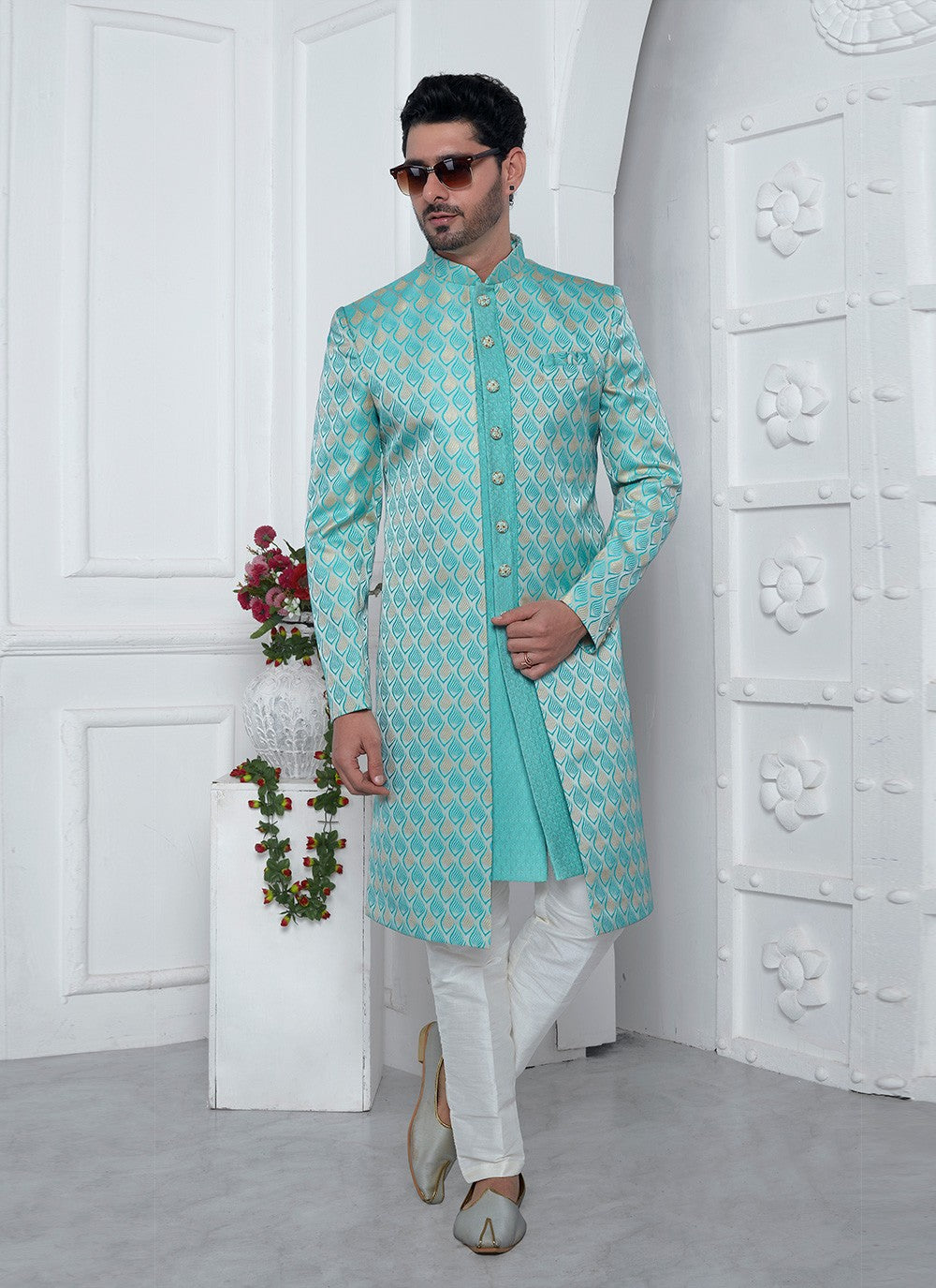 Fancy Work Jacquard Silk Aqua Blue Indo Western - M6605