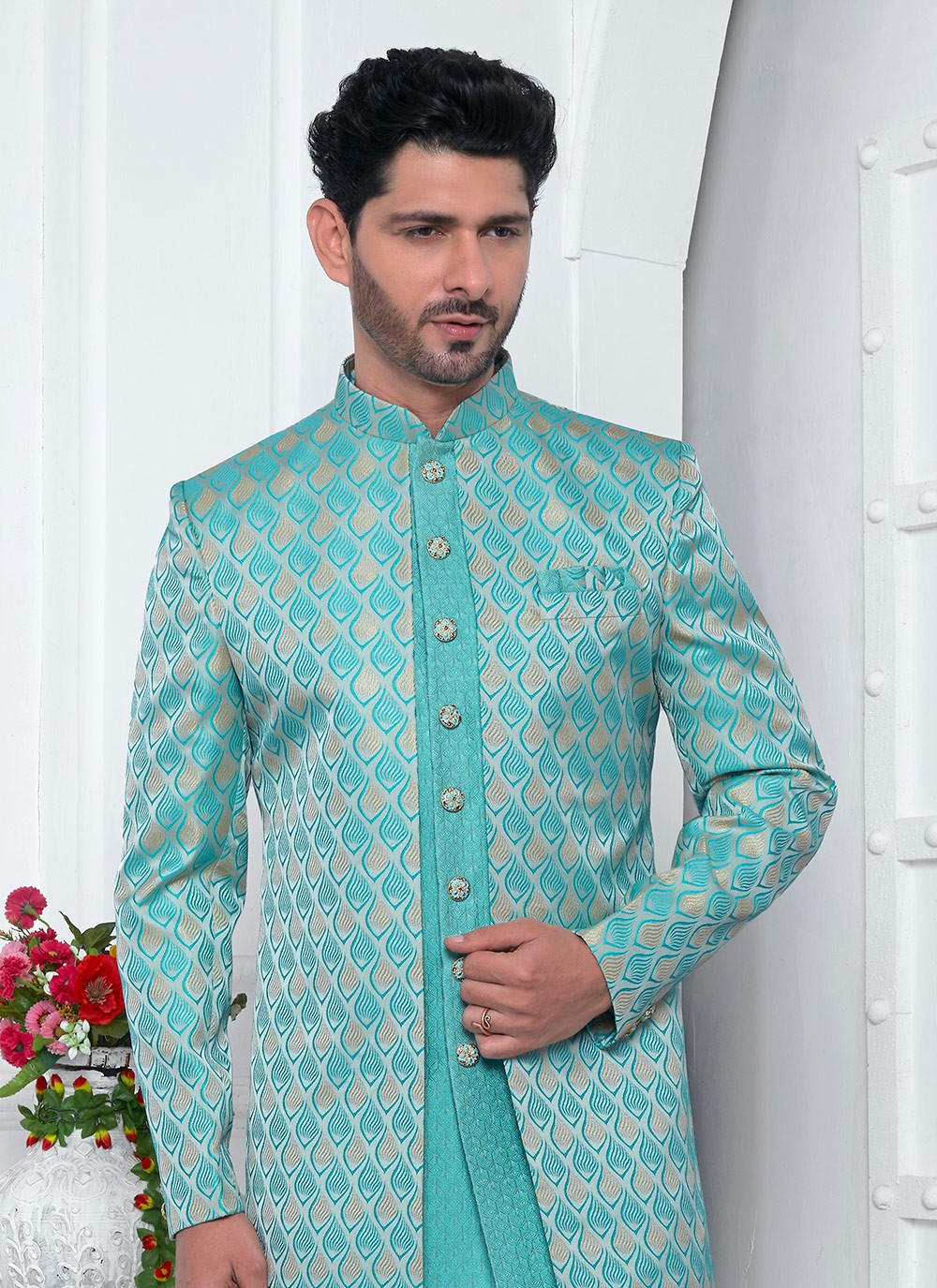 Fancy Work Jacquard Silk Aqua Blue Indo Western - M6605