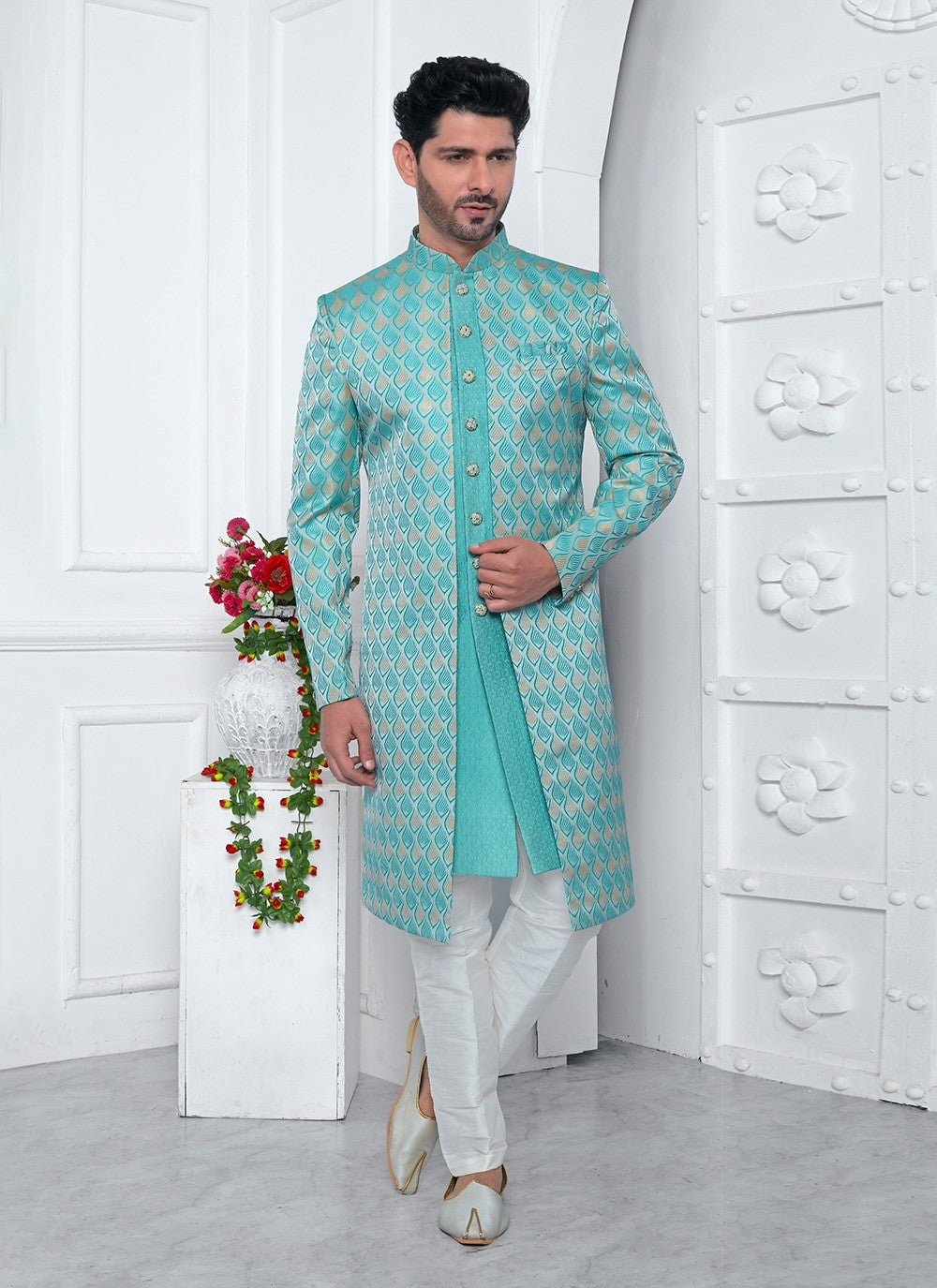 Fancy Work Jacquard Silk Aqua Blue Indo Western - M6605