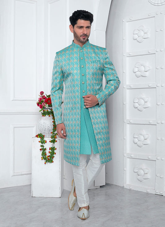 Fancy Work Jacquard Silk Aqua Blue Indo Western - M6605