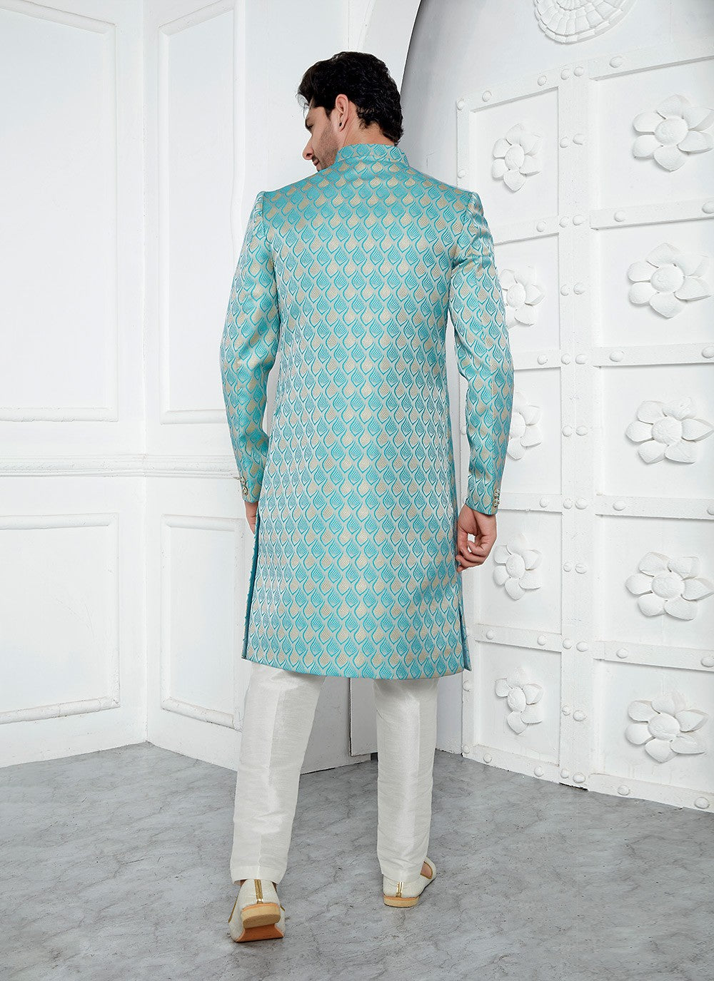 Fancy Work Jacquard Silk Aqua Blue Indo Western - M6605