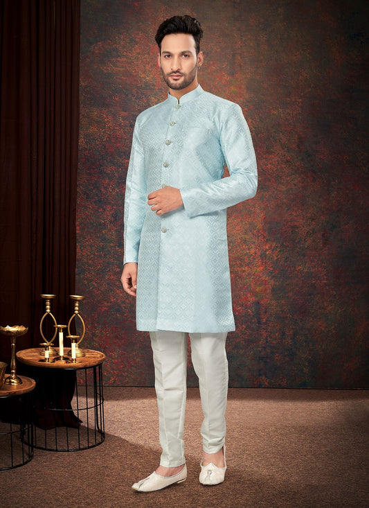 Fancy Work Jacquard Aqua Blue Indo Western - M7202