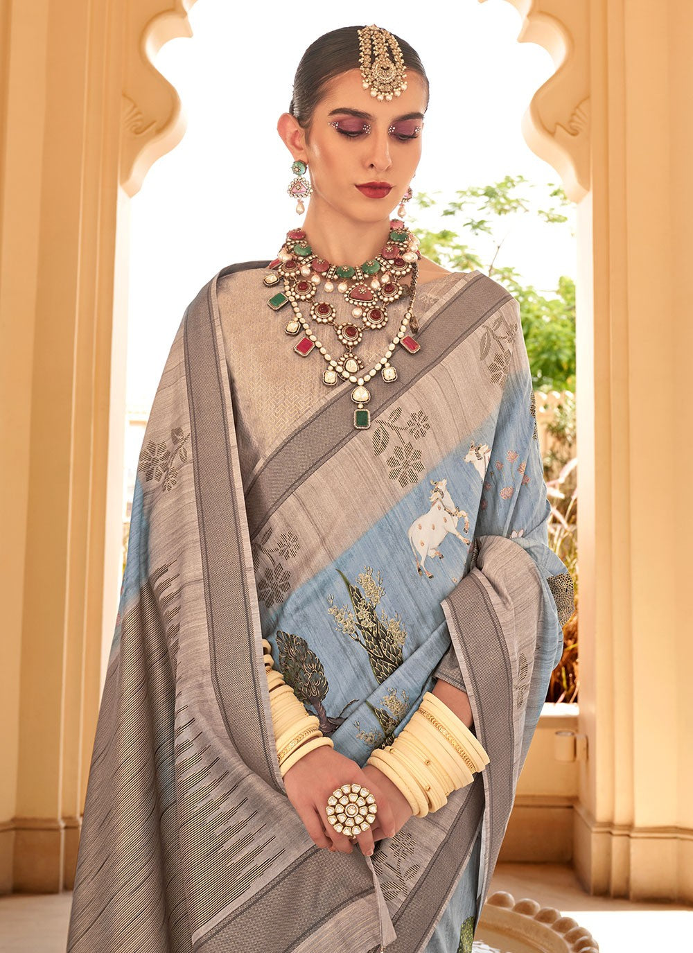 Classic Foliage Prints Raw Silk Saree - S7204