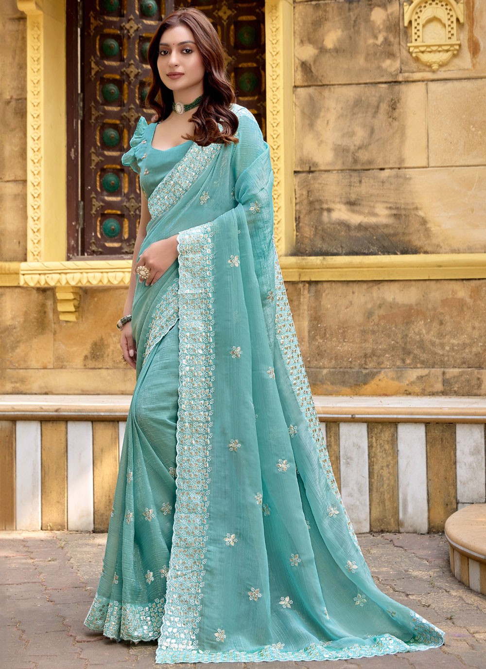 Classic Saree Cut Work Aqua Blue Chiffon Saree S13409