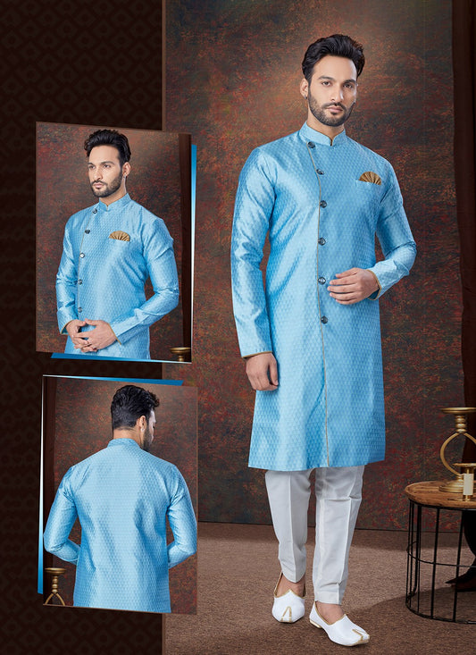Plain Jacquard Aqua Blue Indo Western - M7680